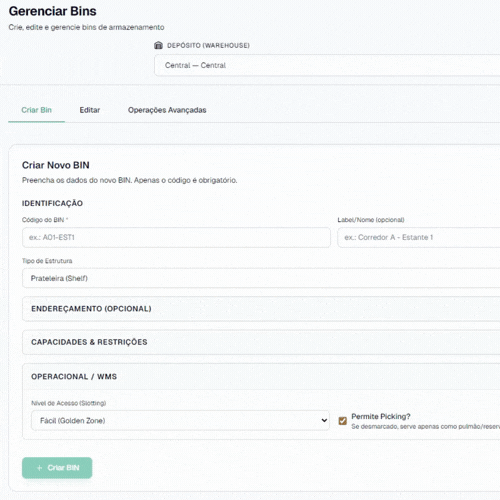 Crie Endereços (Bins)